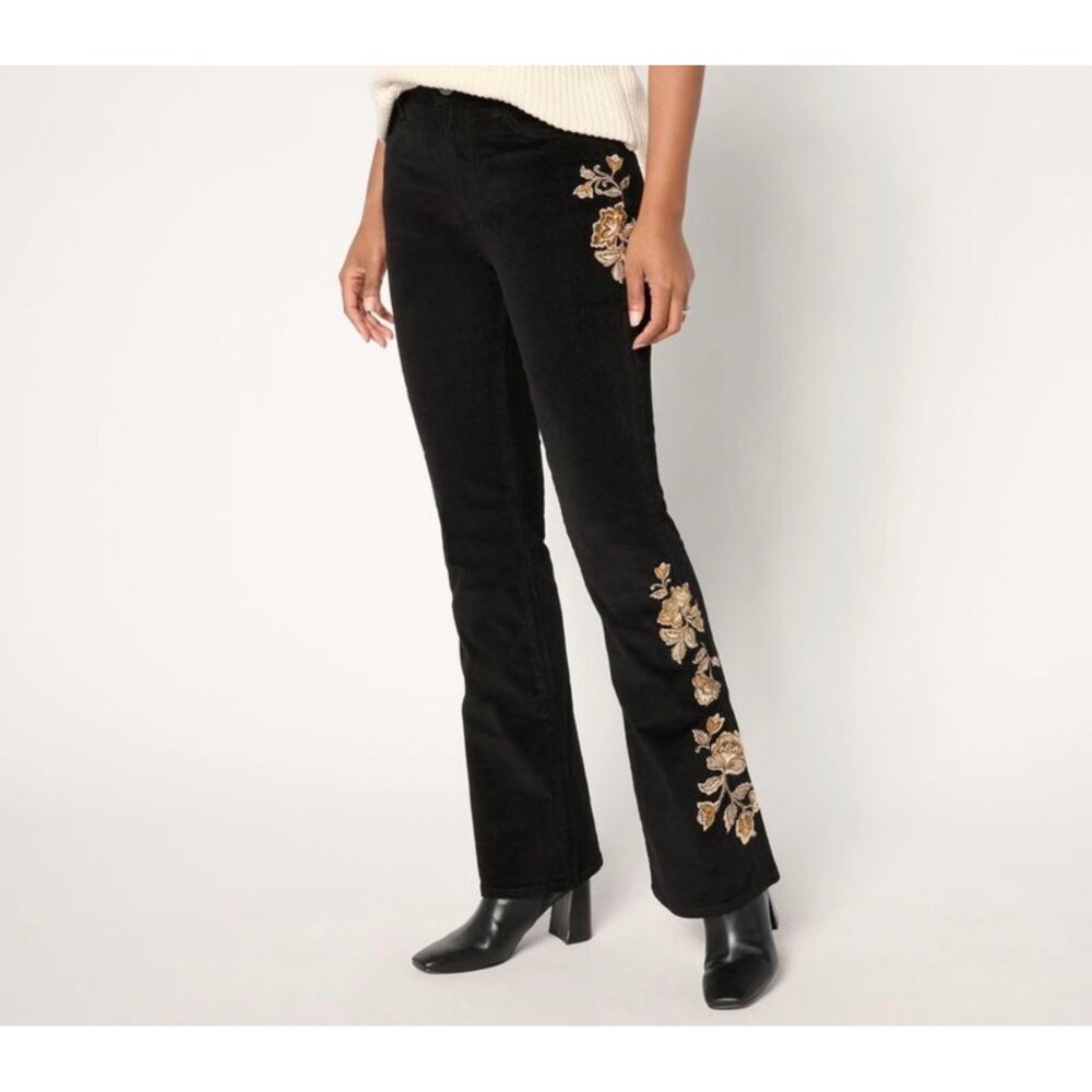 Driftwood Wyatt Corduroy Pants Womens 12 Black Floral Embroidered Flare Boho NWT